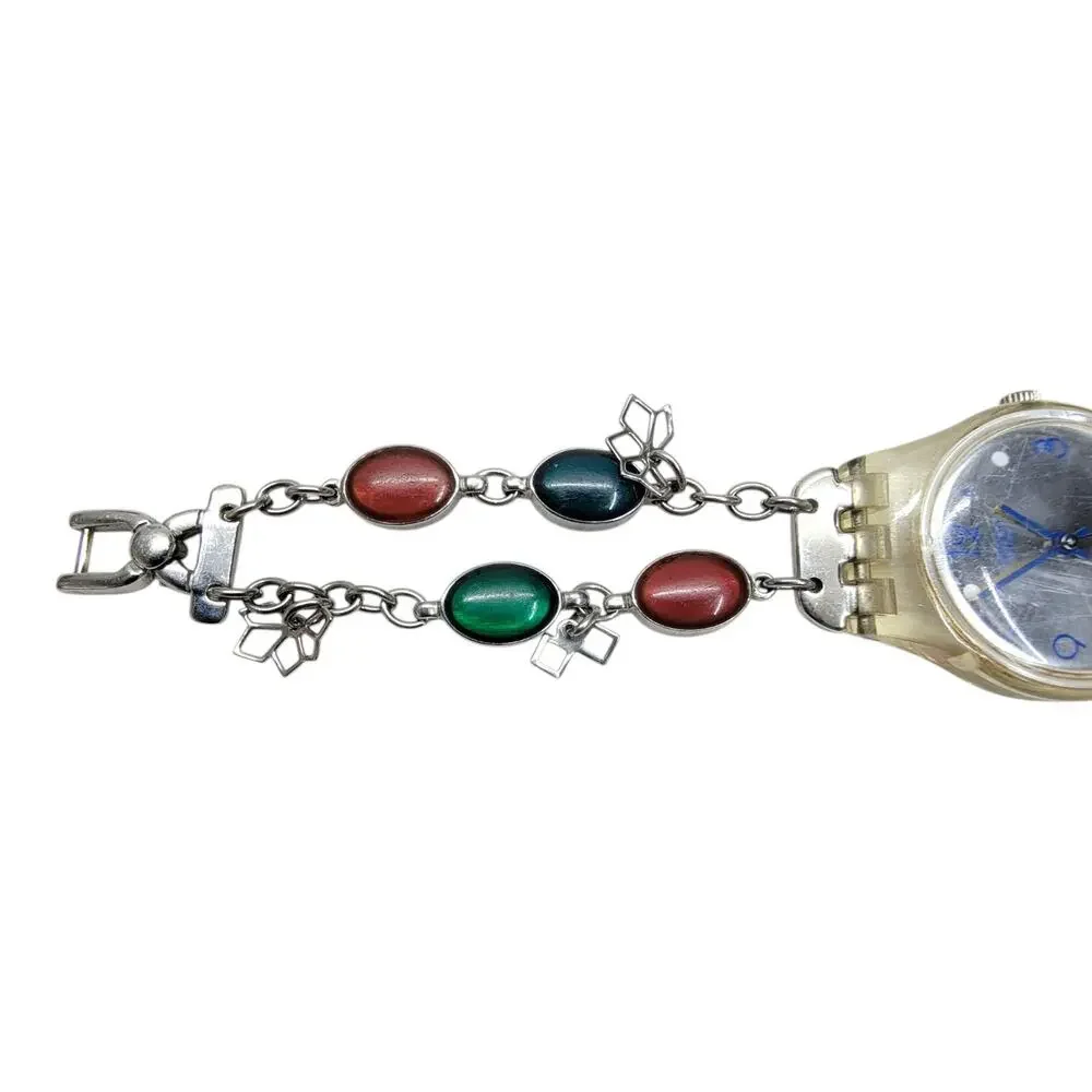Swatch 2009 Lady Charm Bracelet Watch Swiss Quartz Multicolor Stone Dainty